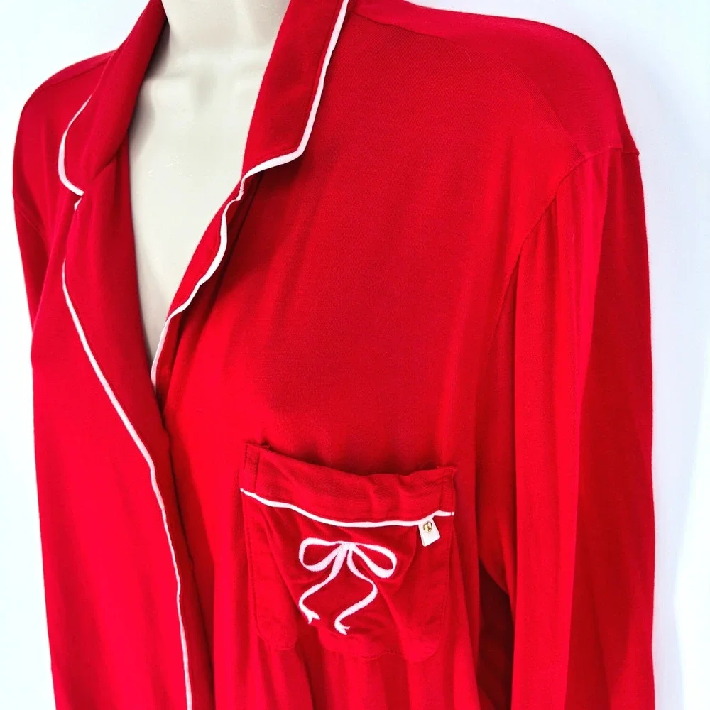 Victoria's Secret Red Modal Pajama Set Long Sleeve Button Top Crop Pants Sz L